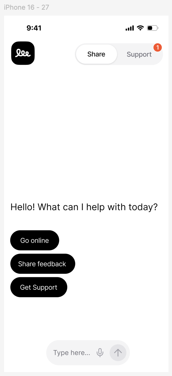 Home screen with Go online, Share feedback, and Get Support options