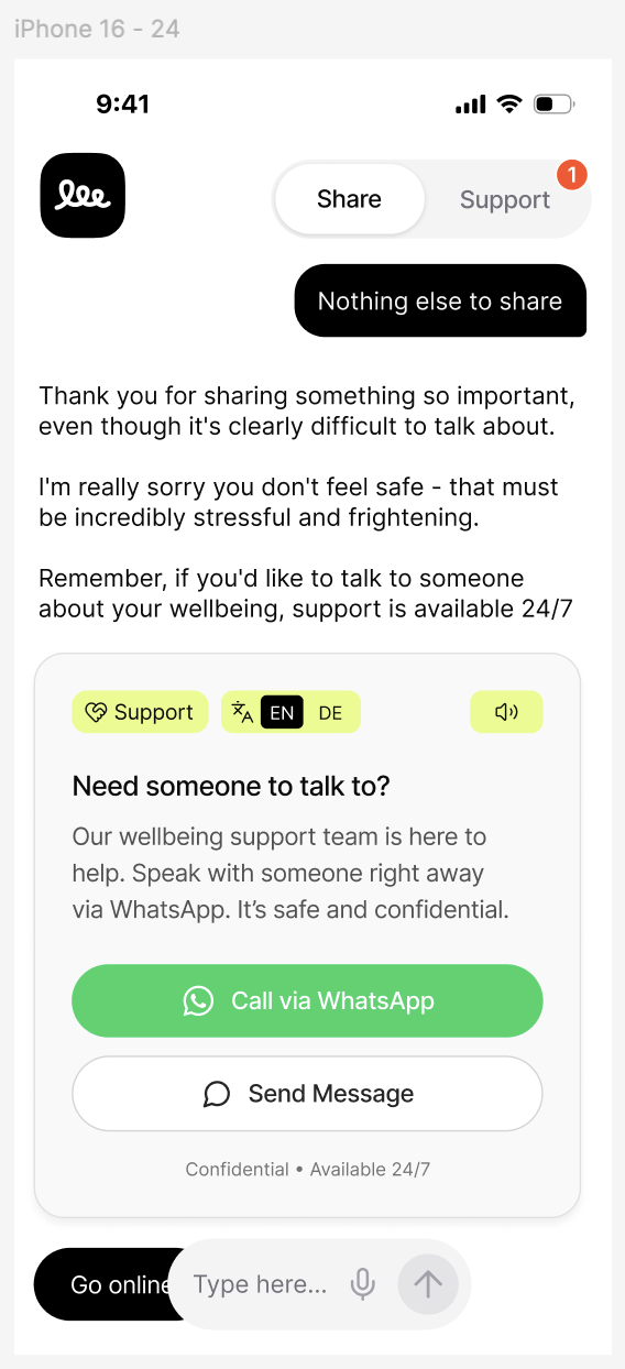 Two-tab WhatsApp support card